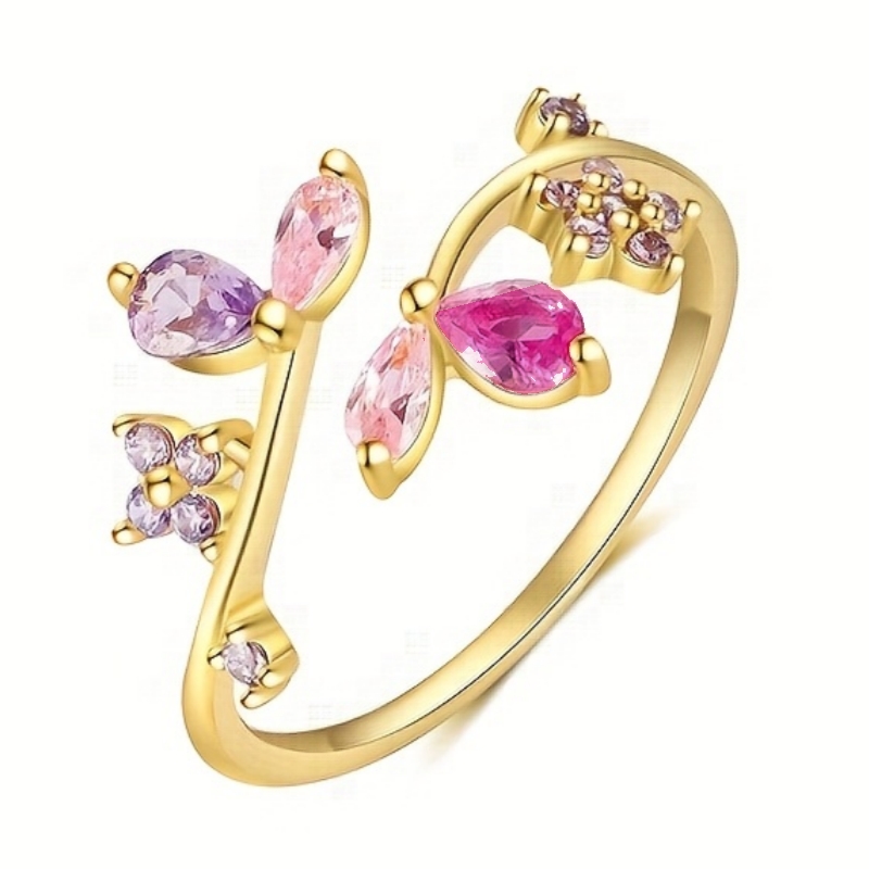 Exquisite Rose Red Pink Zirconia Leaf Ring for Women